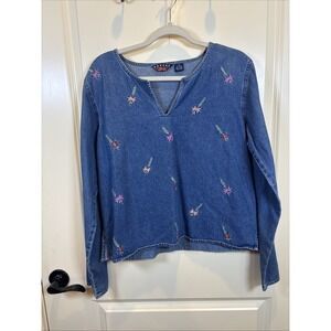 Vintage Agapo Womens Denim Shirt Size XL Embroidered Flowers Boho Cottage Top